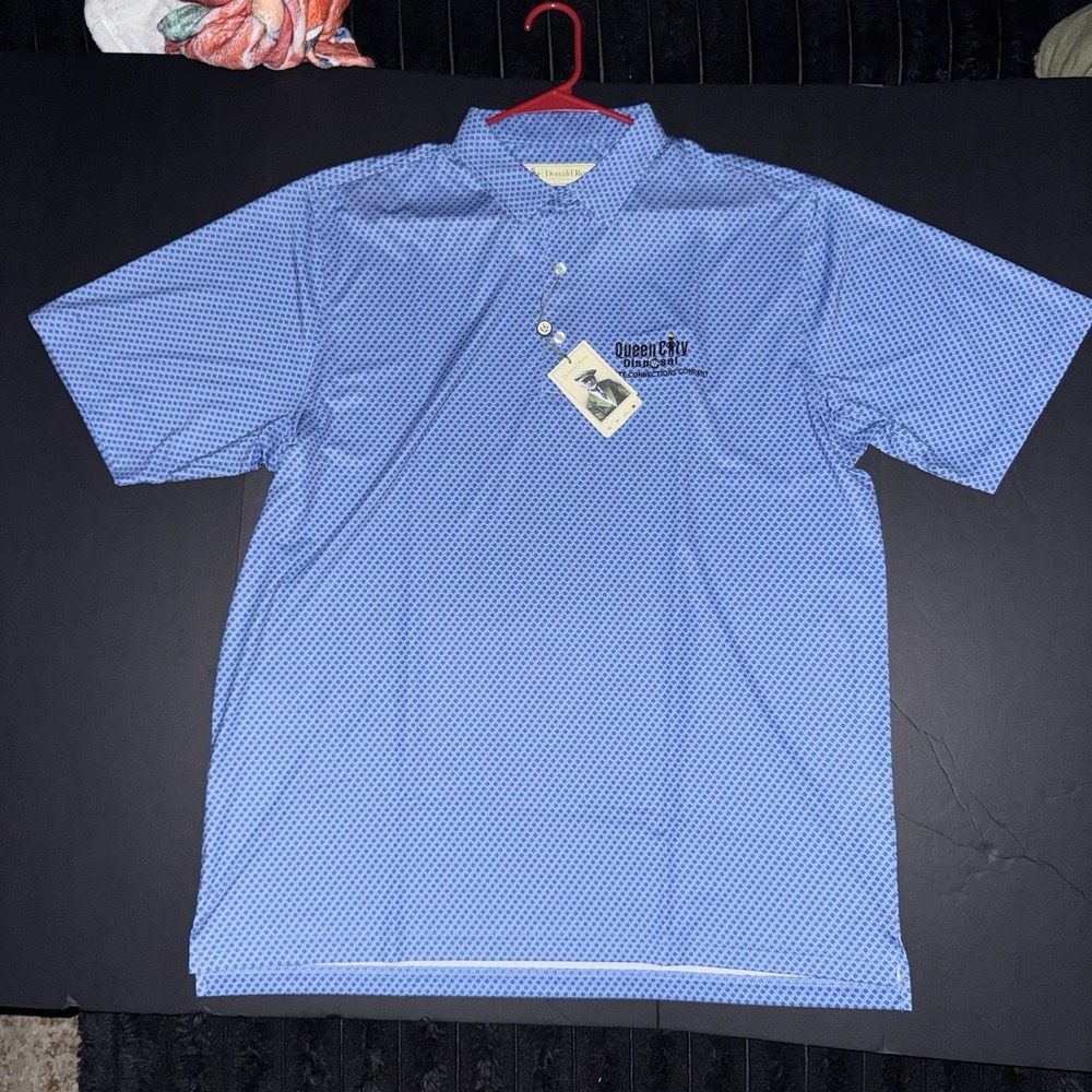 NWT Men's Large Donald Ross Polo Shirt Blue Geometric Queen‎ City Short Sleeve